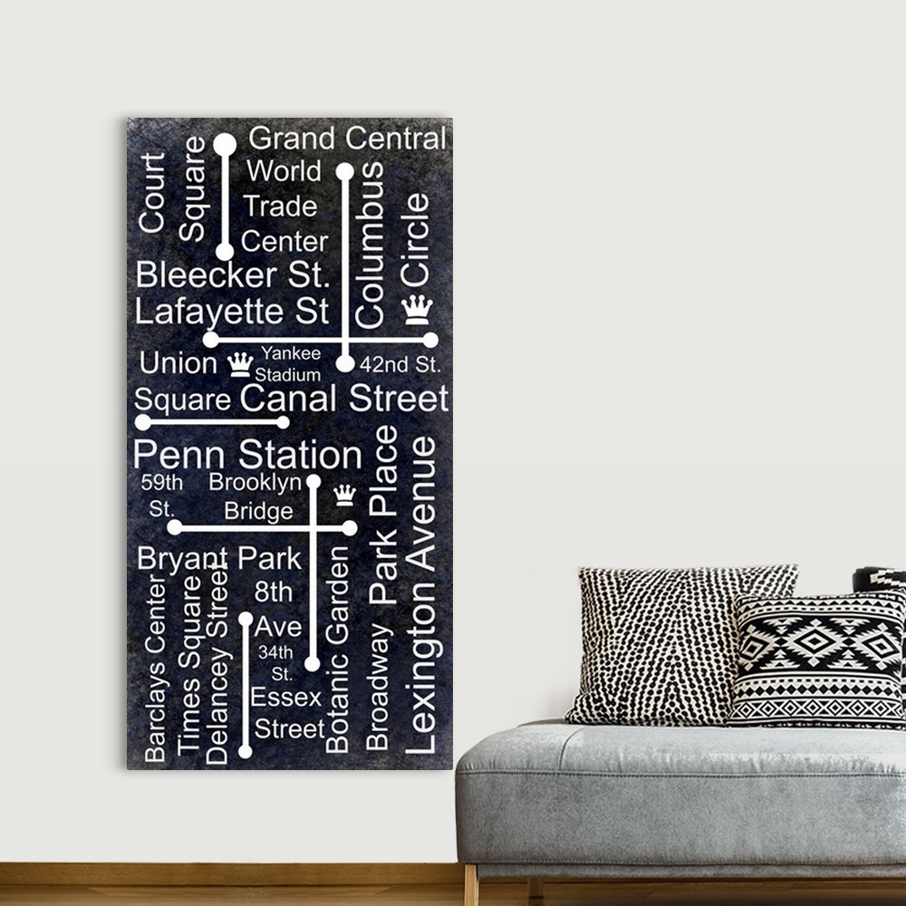 A bohemian room featuring A graphically rendered poster depicting subway stops in New York City. With bold type and a vinta...