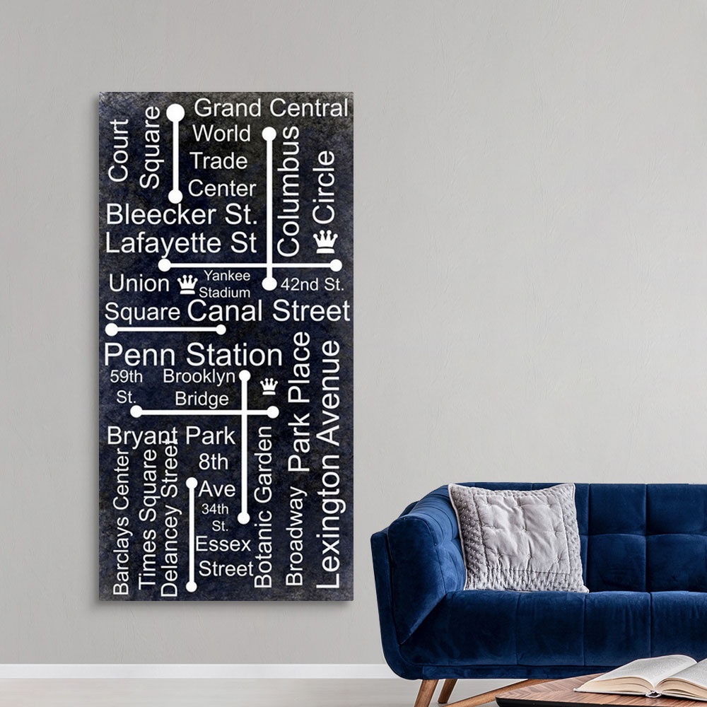 A modern room featuring A graphically rendered poster depicting subway stops in New York City. With bold type and a vinta...