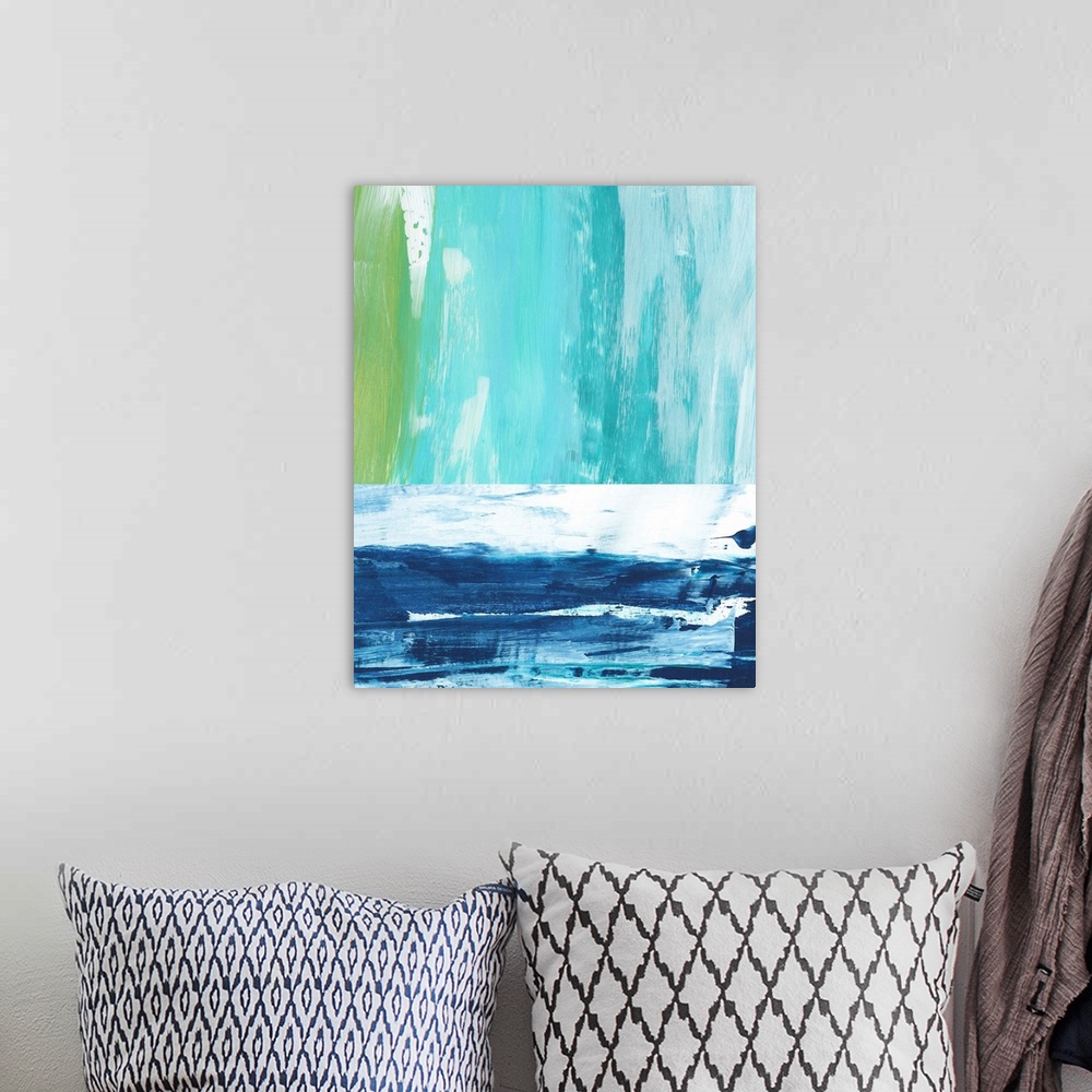 A bohemian room featuring Abstract landscape painting of an ocean using vertical and horizontal broad brush strokes in blue.