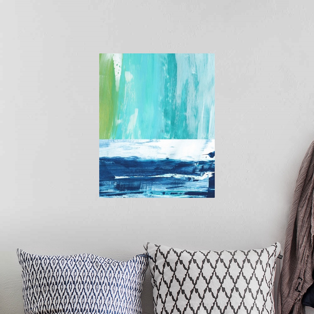 A bohemian room featuring Abstract landscape painting of an ocean using vertical and horizontal broad brush strokes in blue.