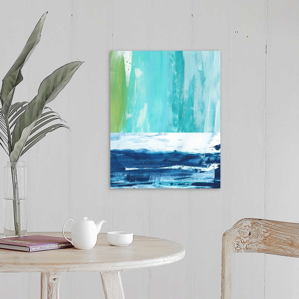 A farmhouse room featuring Abstract landscape painting of an ocean using vertical and horizontal broad brush strokes in blue.