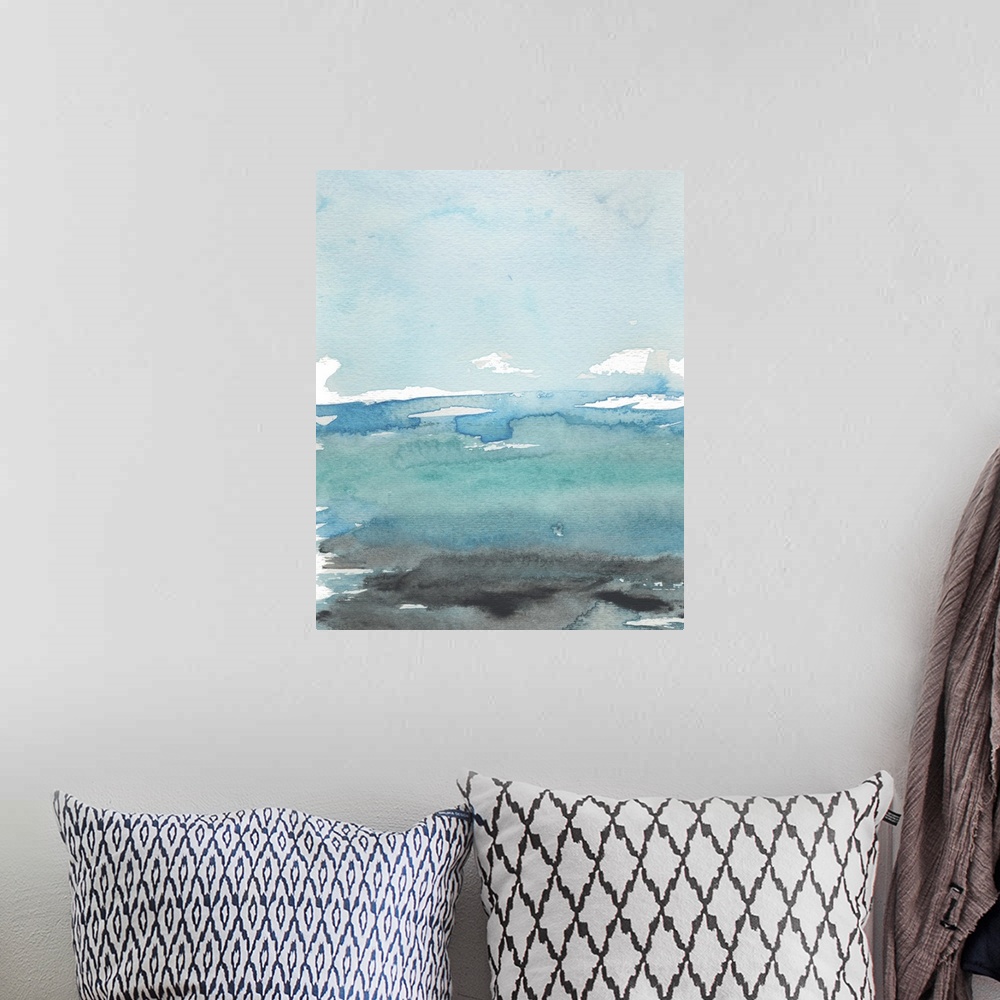 A bohemian room featuring Vertical abstract landscape painting of an ocean using horizontal, broad brush strokes in blue an...