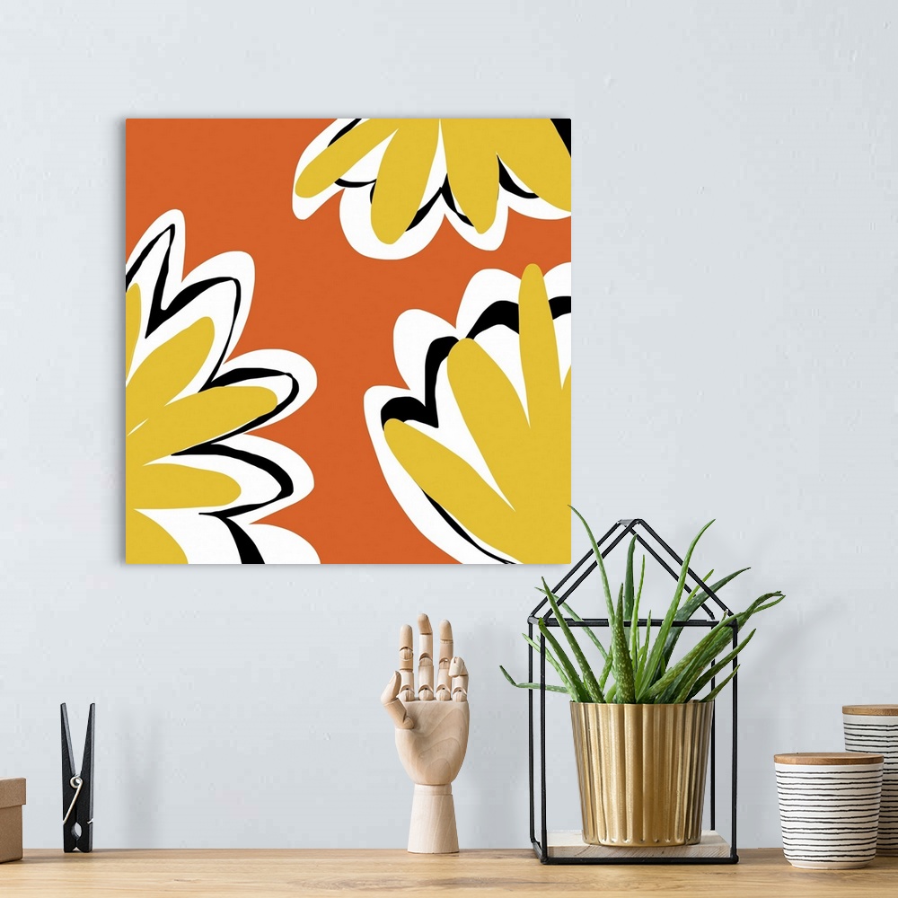 A bohemian room featuring A graphically fun yellow and Orange flower designed for residential and commercial spaces. The se...