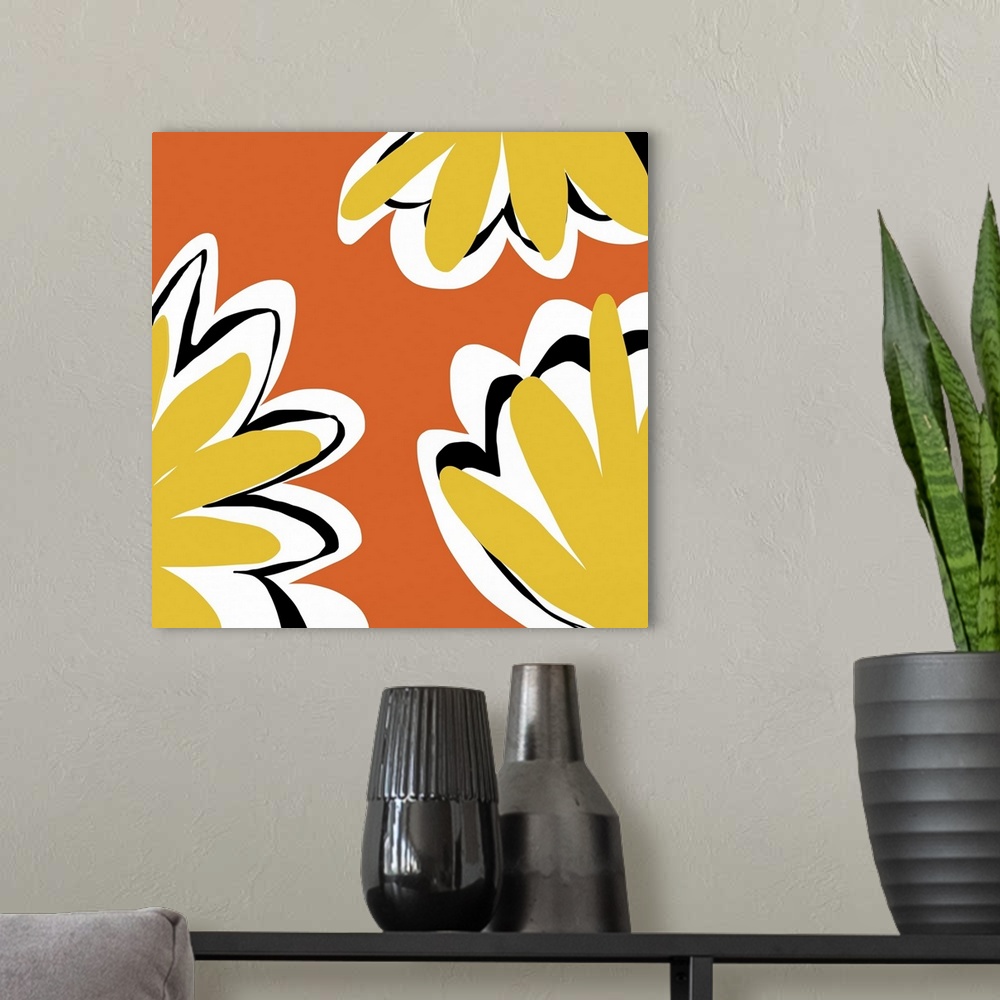 A modern room featuring A graphically fun yellow and Orange flower designed for residential and commercial spaces. The se...