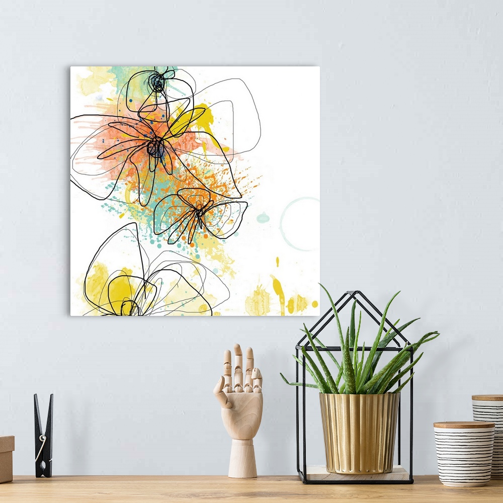 A bohemian room featuring Large contemporary art shows an illustration of a few outlined flowers against a backdrop intersp...