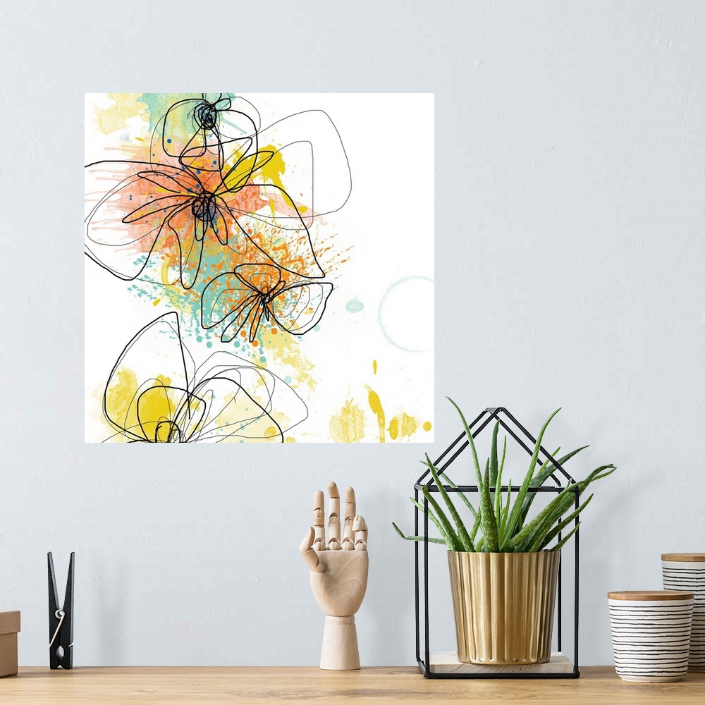 A bohemian room featuring Large contemporary art shows an illustration of a few outlined flowers against a backdrop intersp...