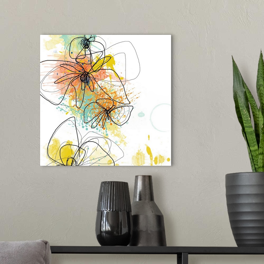 A modern room featuring Large contemporary art shows an illustration of a few outlined flowers against a backdrop intersp...