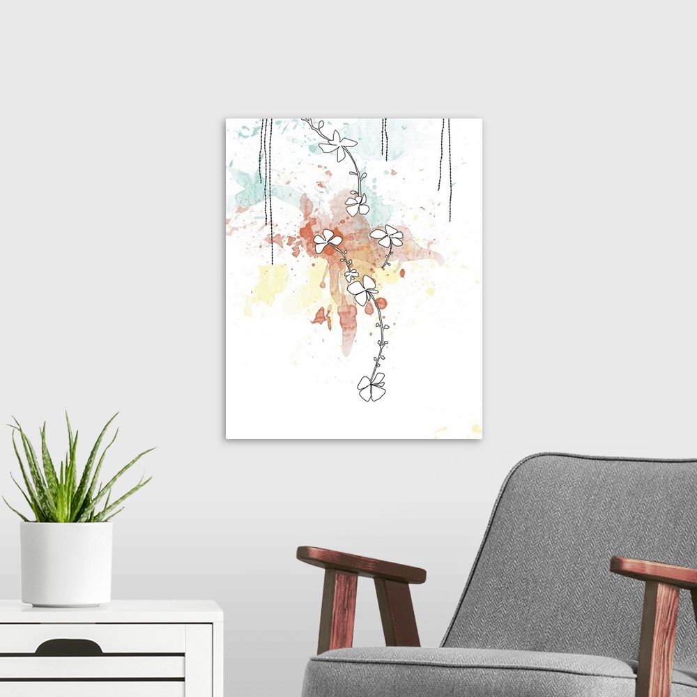 A modern room featuring Large, vertical artwork for a living room or office of several illustrated outlines of floral bra...
