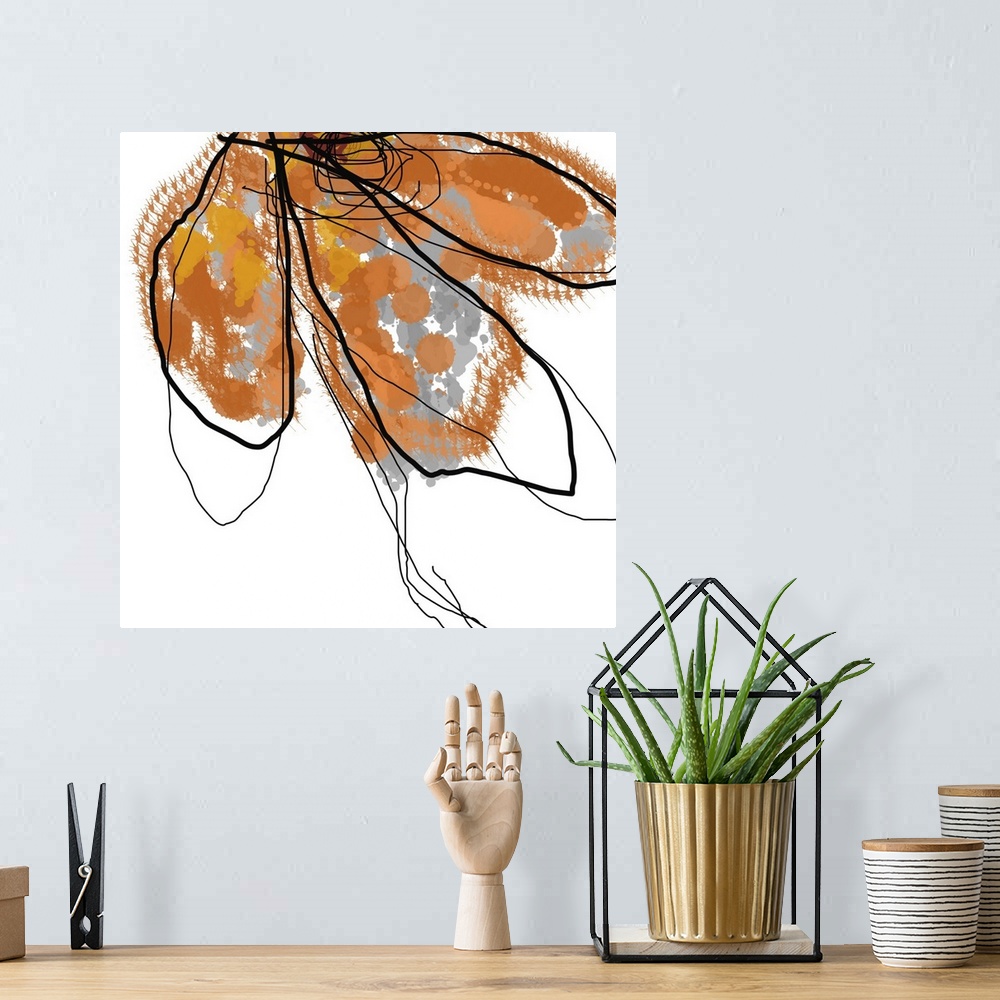 A bohemian room featuring Digital contemporary drawing of an outline of half of a flower head splattered with color.