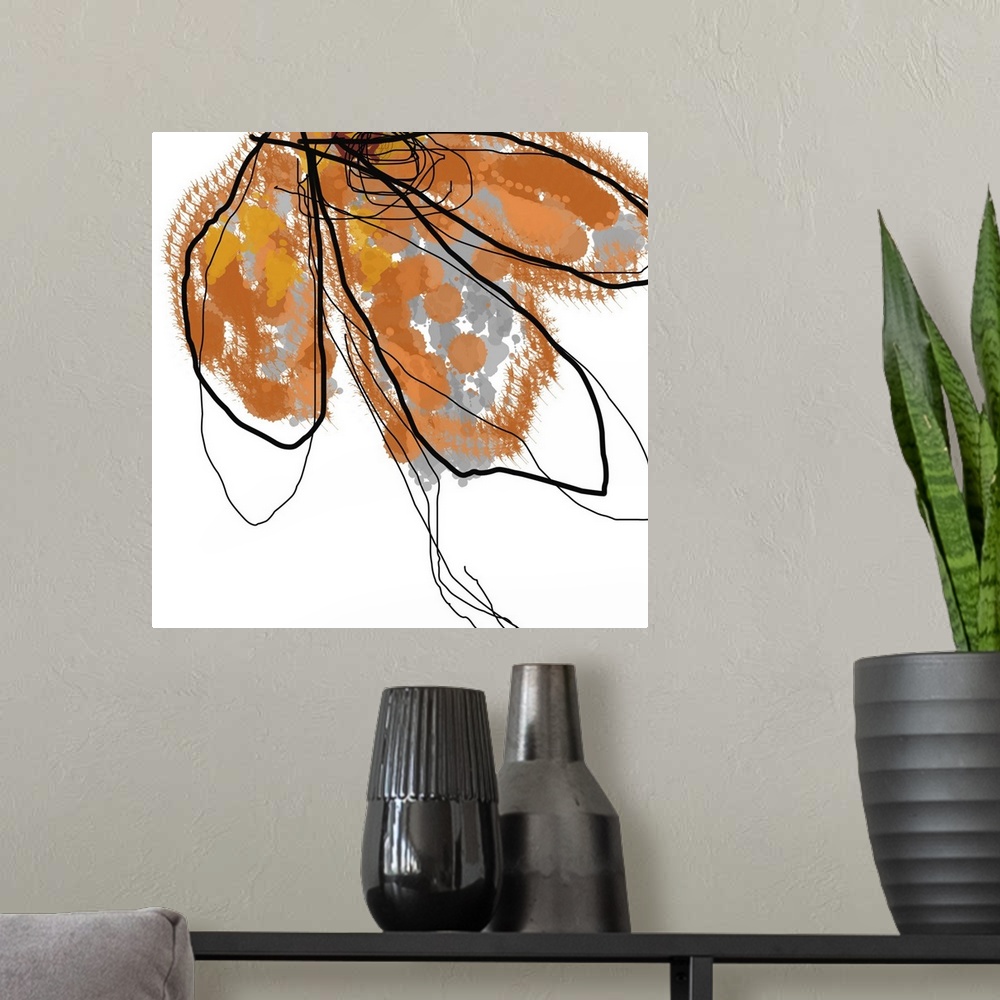 A modern room featuring Digital contemporary drawing of an outline of half of a flower head splattered with color.