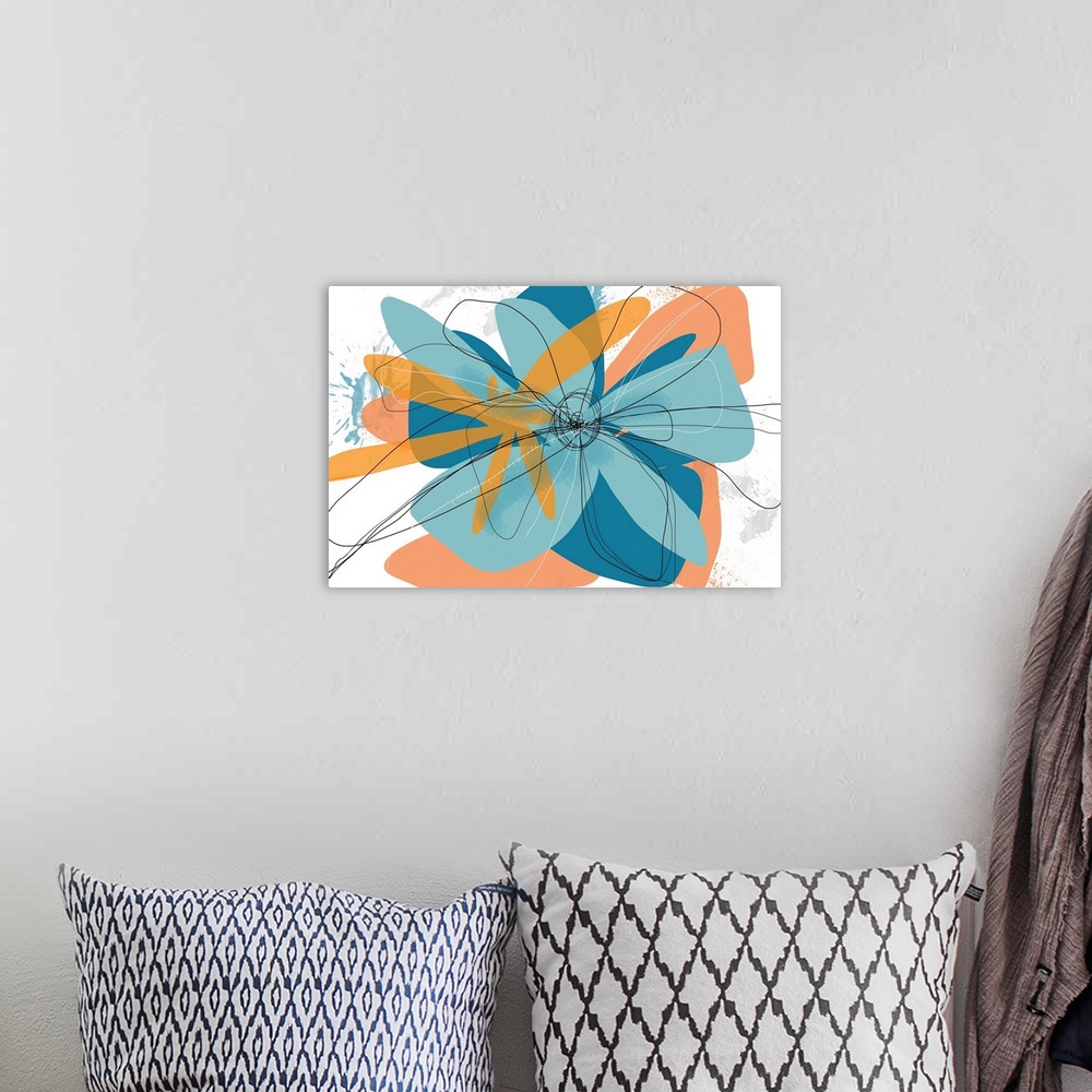 A bohemian room featuring A contemporary abstract of a flower with different shades of teal and orange  with squiggly black...