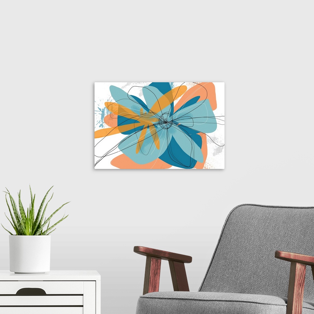 A modern room featuring A contemporary abstract of a flower with different shades of teal and orange  with squiggly black...