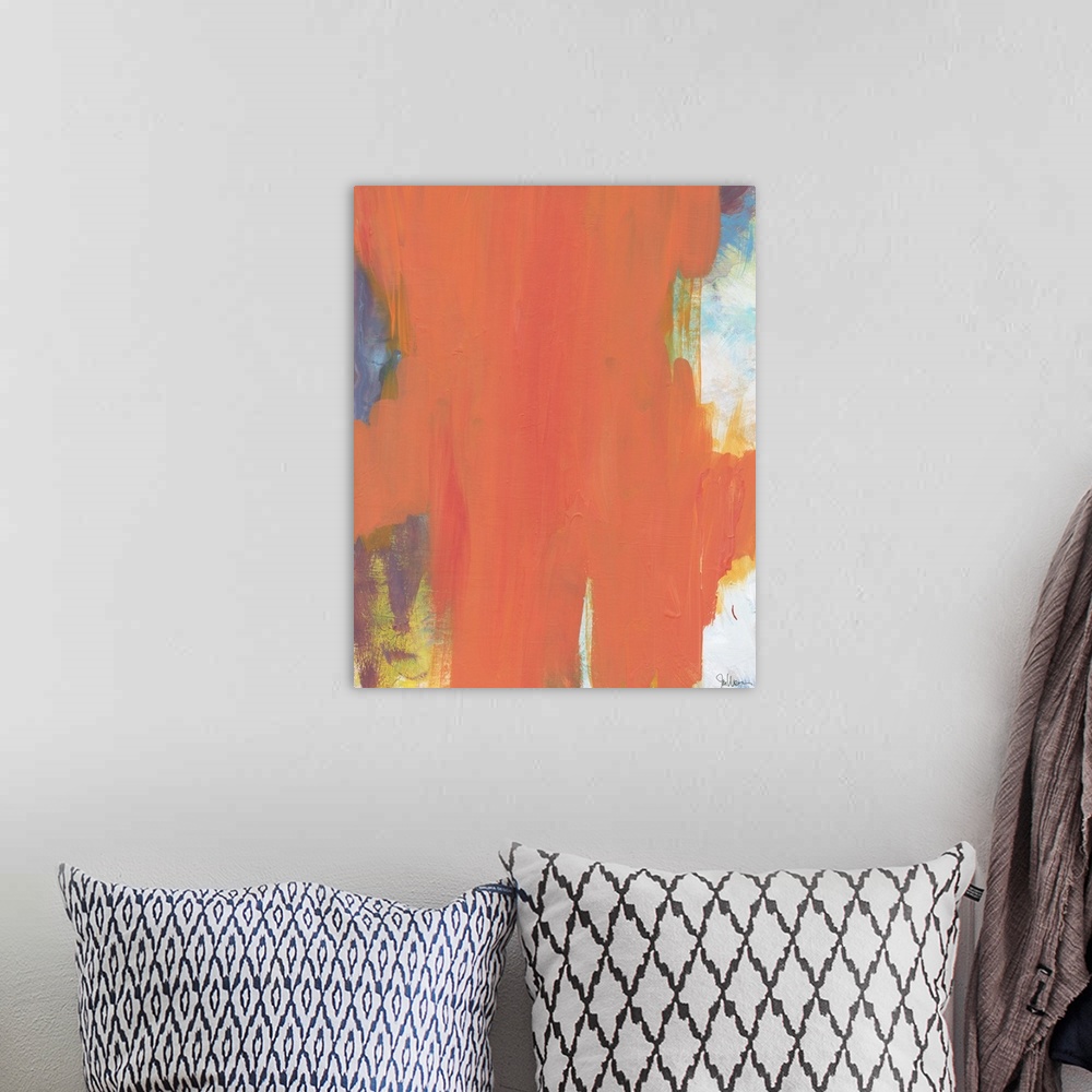 A bohemian room featuring Contemporary abstract art using soft colors in downward strokes to make a color field.