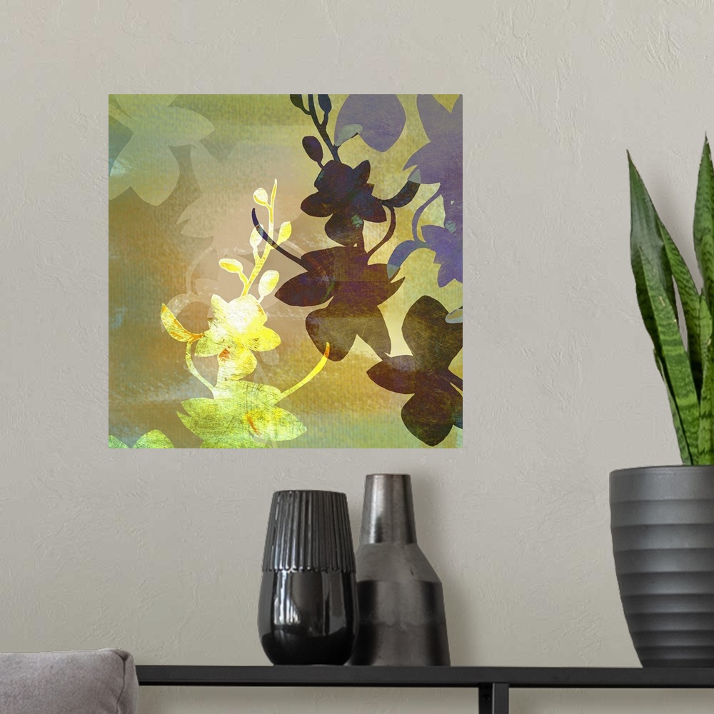 A modern room featuring Square, large artwork outlining several groups of orchids, in a variety of golden and darker colo...