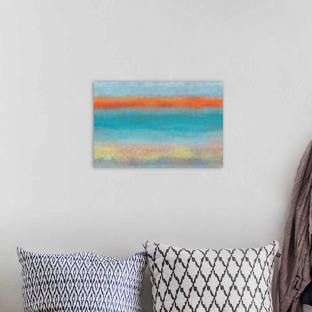 A bohemian room featuring Contemporary abstract painting of horizontal layers of blue and purple, separated by orange.
