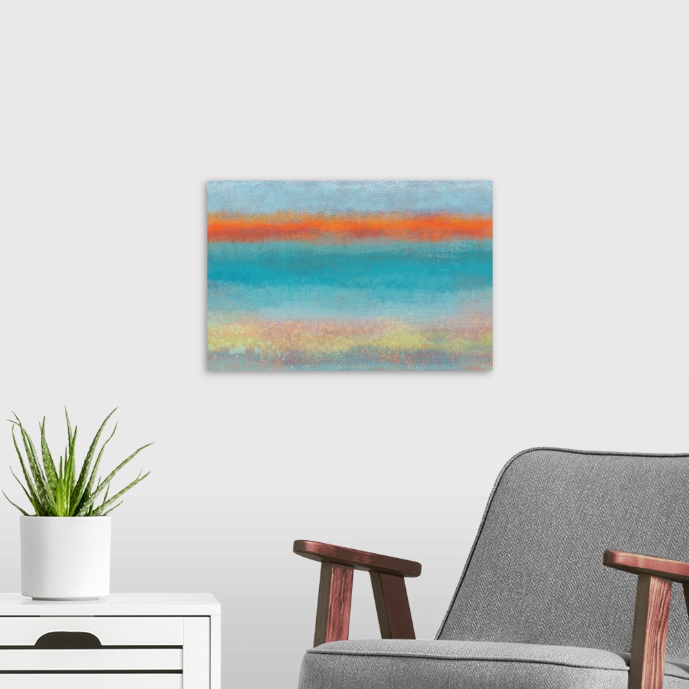 A modern room featuring Contemporary abstract painting of horizontal layers of blue and purple, separated by orange.