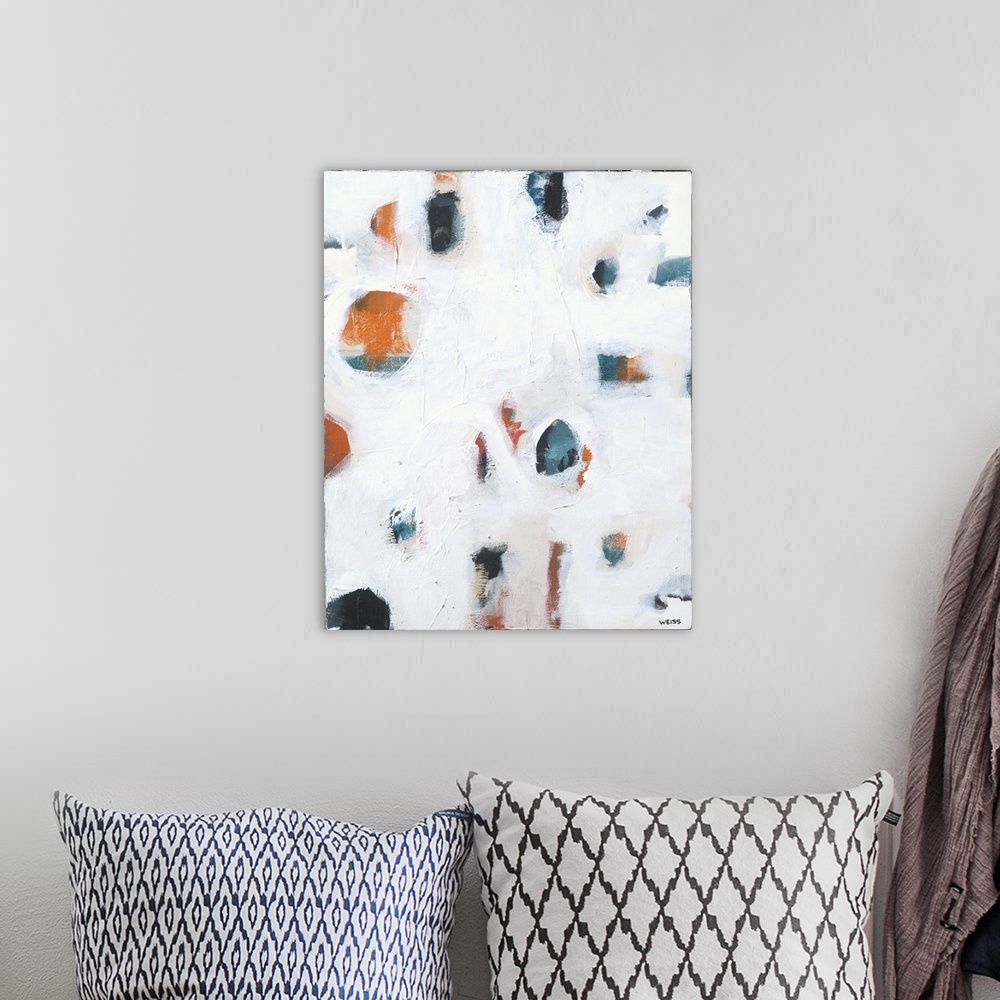 A bohemian room featuring Contemporary abstract painting featuring orange and navy shapes hiding behind stretches of white.