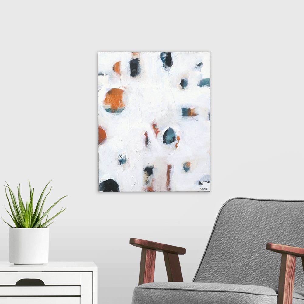 A modern room featuring Contemporary abstract painting featuring orange and navy shapes hiding behind stretches of white.