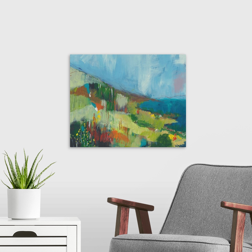 A modern room featuring Abstract landscape painting of the pacific coast done if varies shades of green and blue.