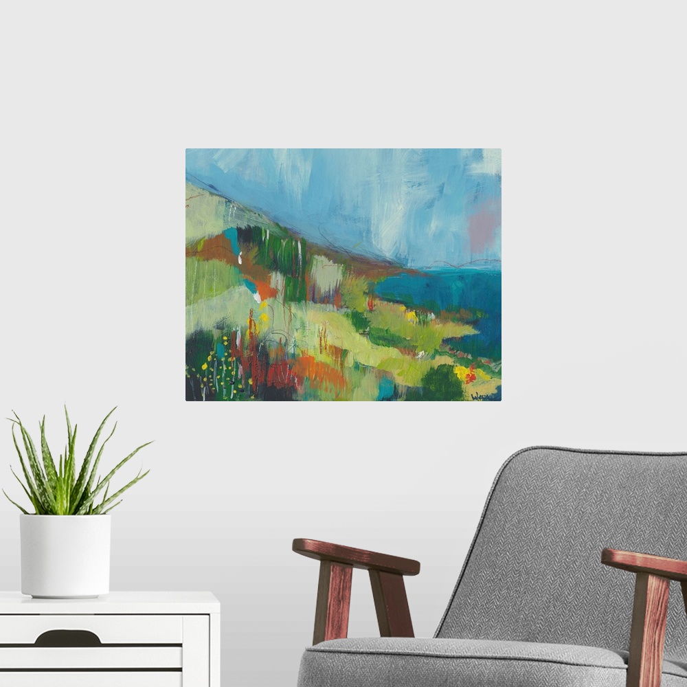 A modern room featuring Abstract landscape painting of the pacific coast done if varies shades of green and blue.
