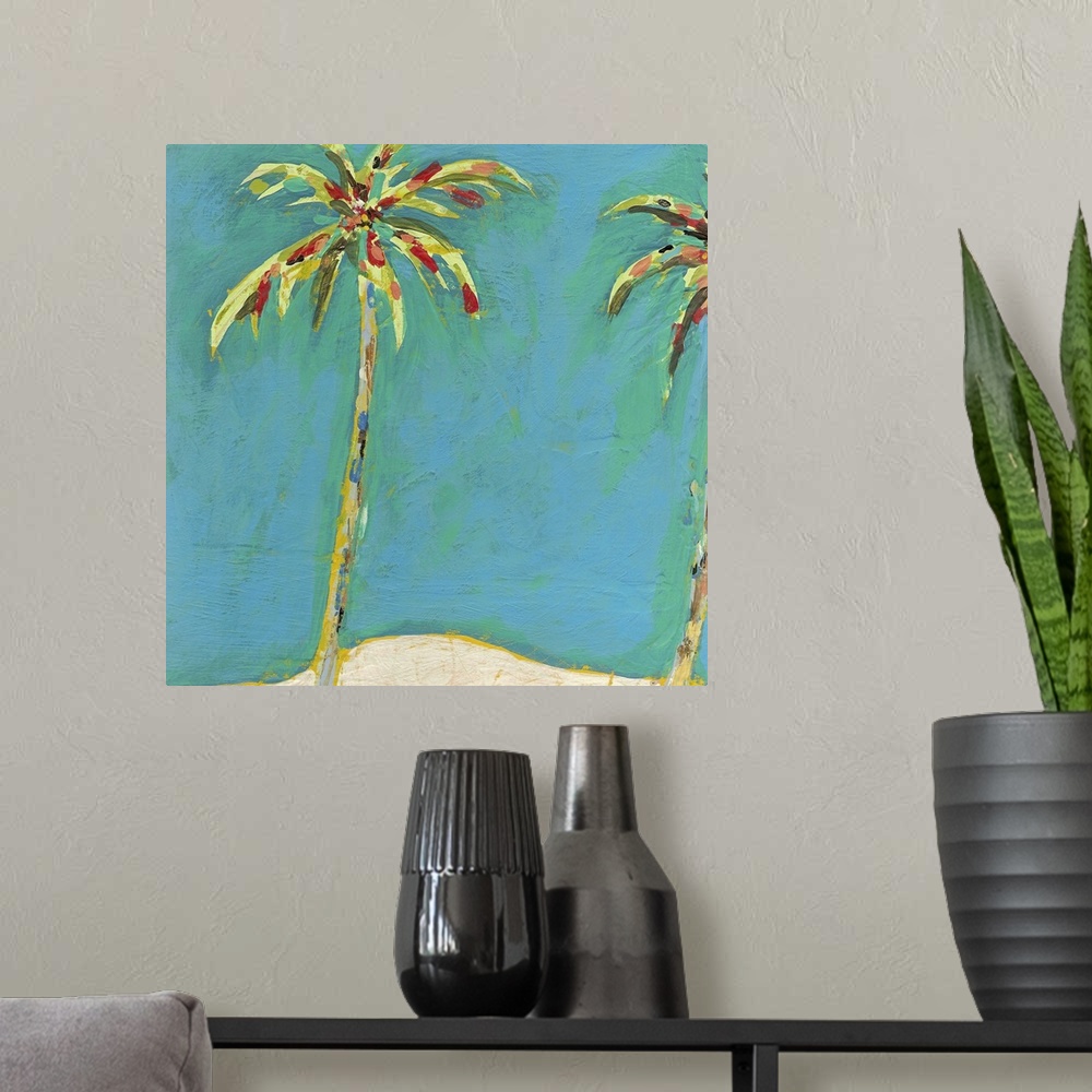 A modern room featuring Contemporary artwork of palm trees that have many different colors used to paint them.