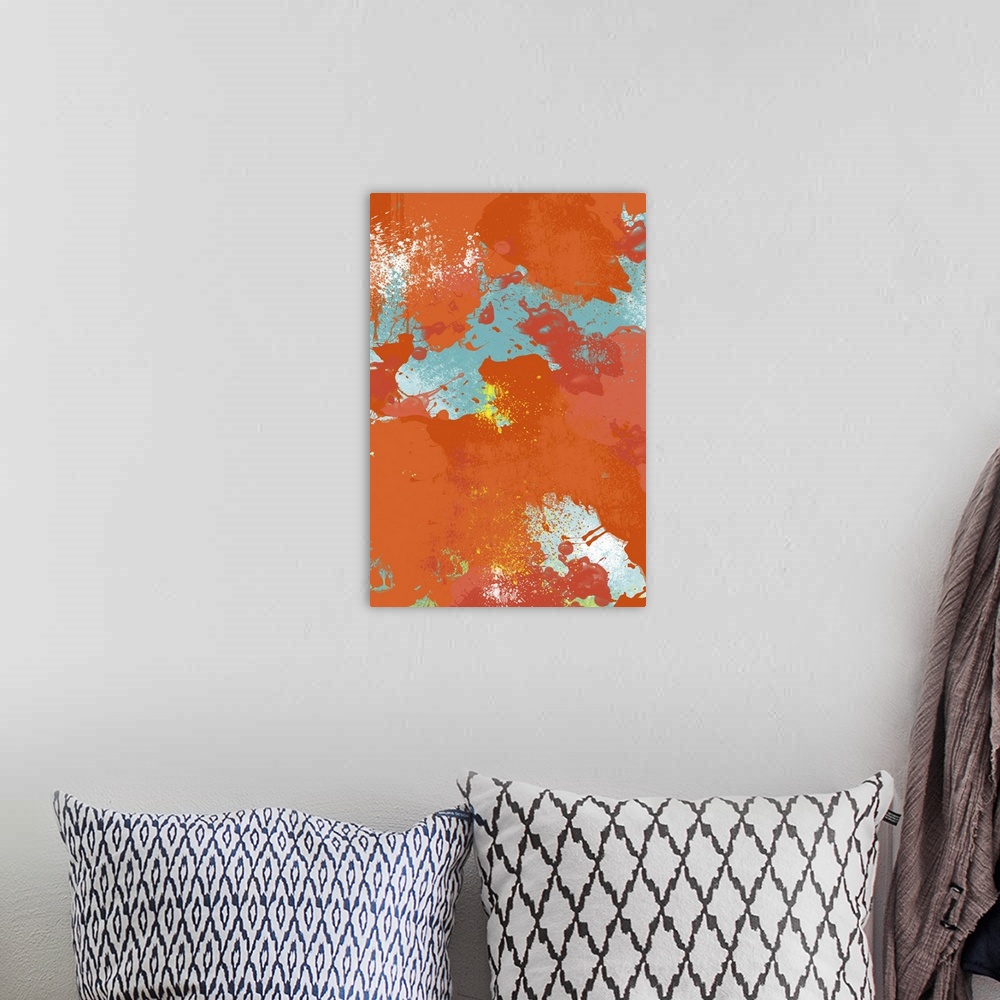 A bohemian room featuring An abstract landscape where I used colors inspired by Palm Springs where it's summer everyday. Pe...