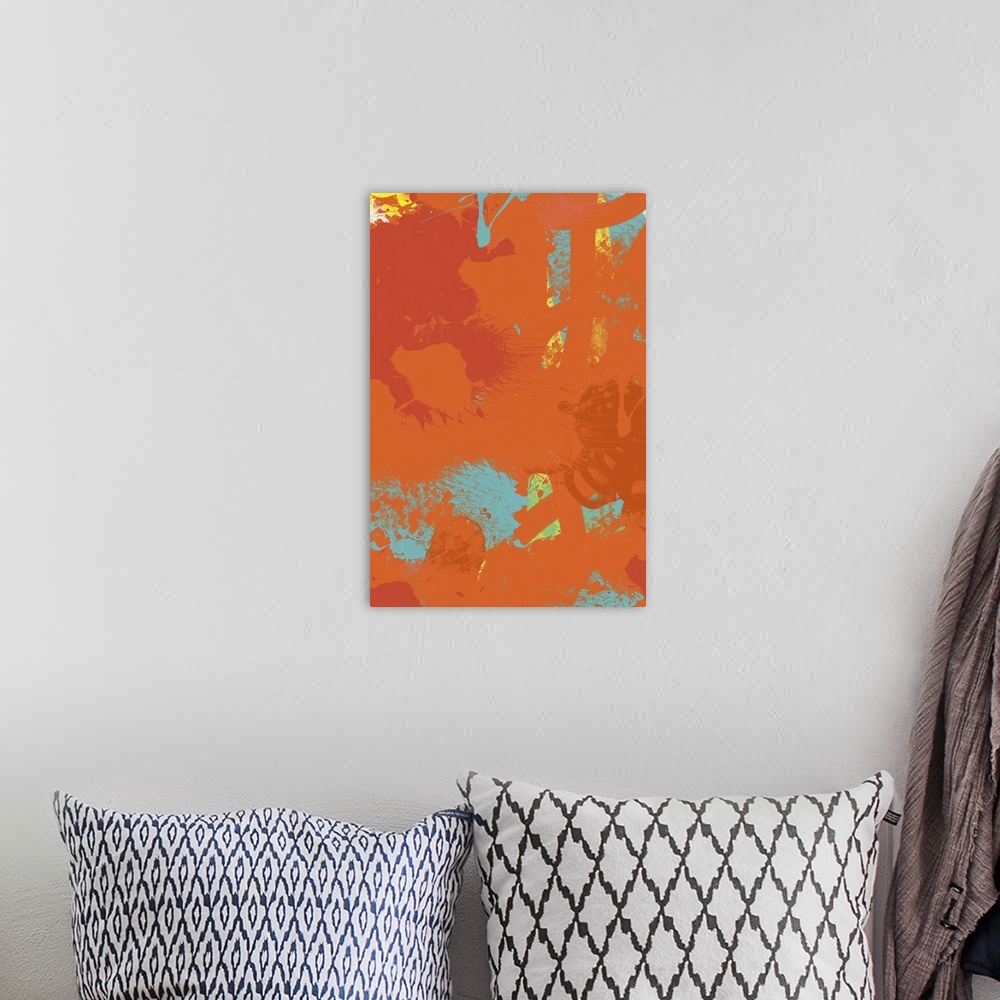 A bohemian room featuring An abstract landscape where I used colors inspired by Palm Springs where it's summer everyday. Pe...
