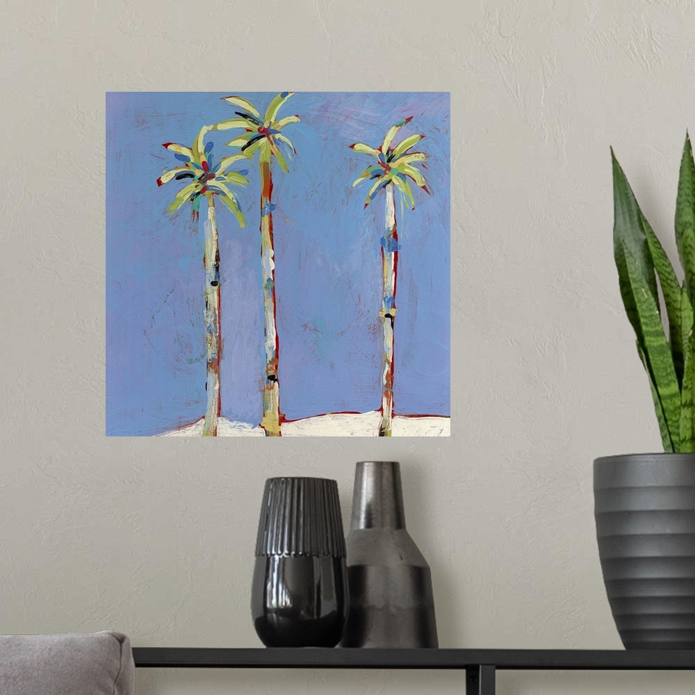 A modern room featuring Square, contemporary painting of three tall palm trees against a background of blue. Painted with...