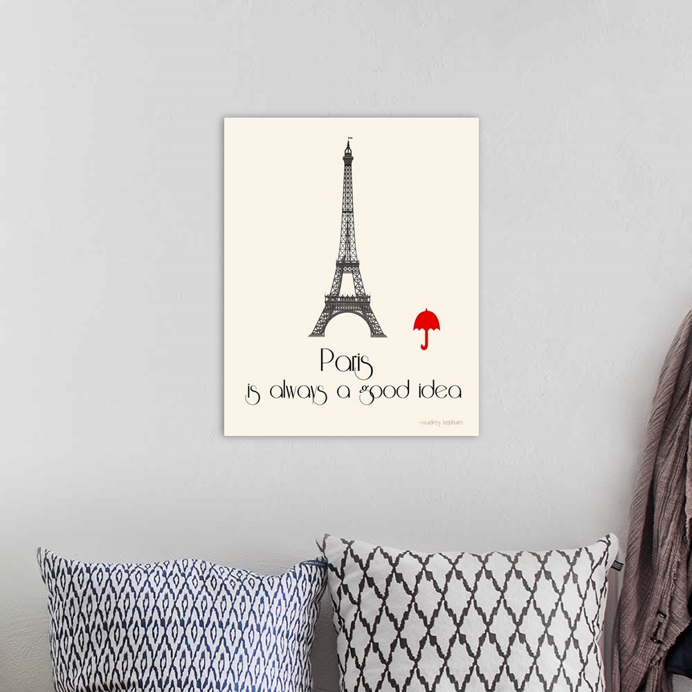 A bohemian room featuring Contemporary minimalist artwork of the Eiffel Tower with a bright red umbrella image next to it.