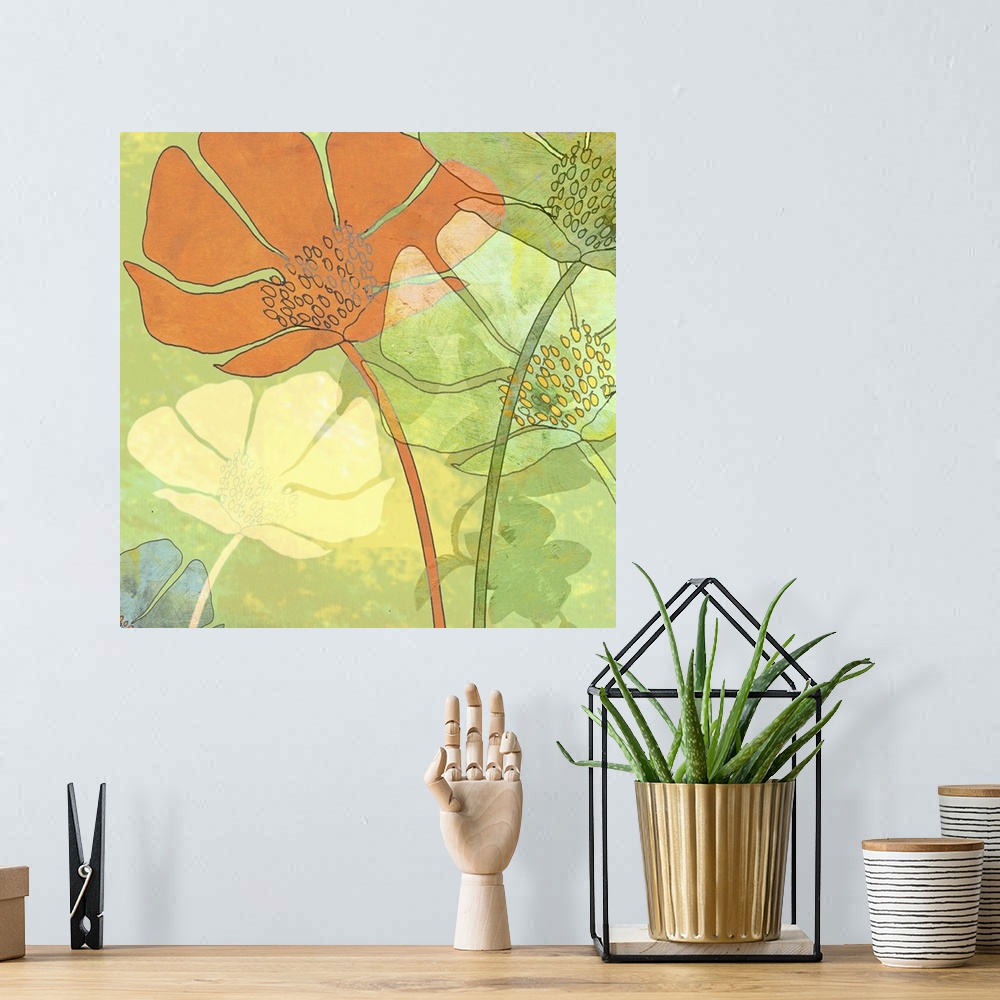 A bohemian room featuring This poppy botanical art print was created with original illustrations then scanned in and layere...
