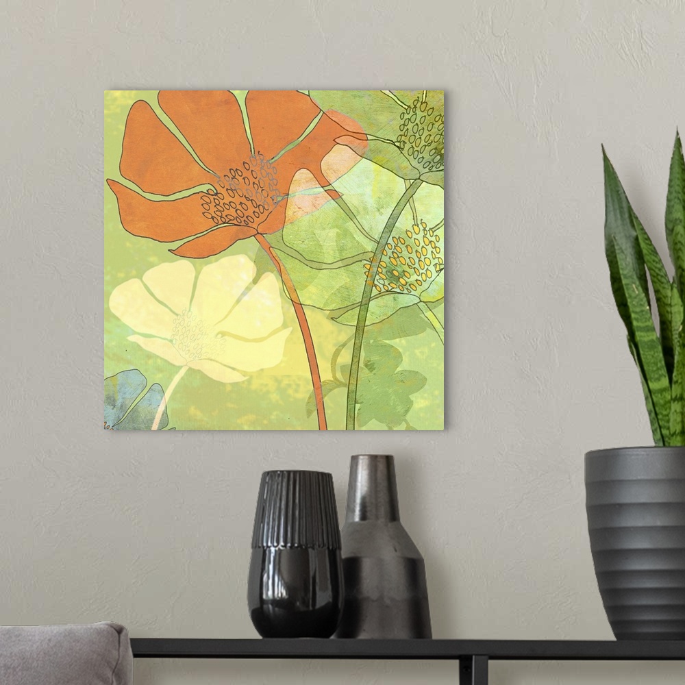 A modern room featuring This poppy botanical art print was created with original illustrations then scanned in and layere...