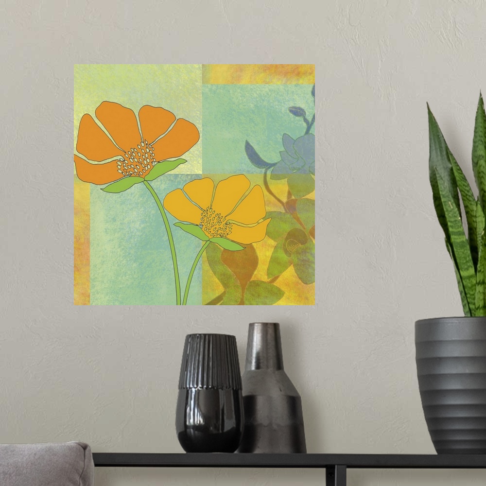 A modern room featuring this art print and print on demand canvas a digitally created floral with watercolor inspiration....