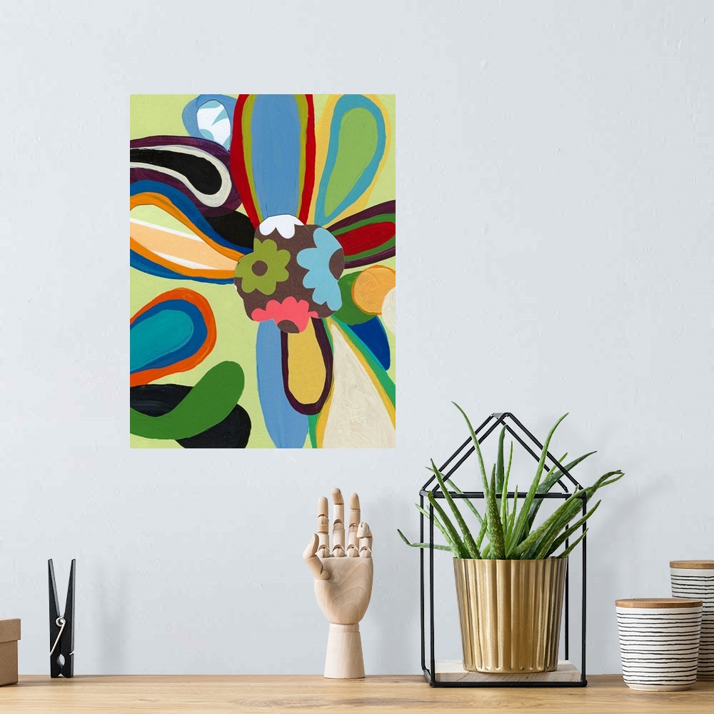 A bohemian room featuring This modern pop version art print is the perfect retro inspired piece for living room, hospitalit...