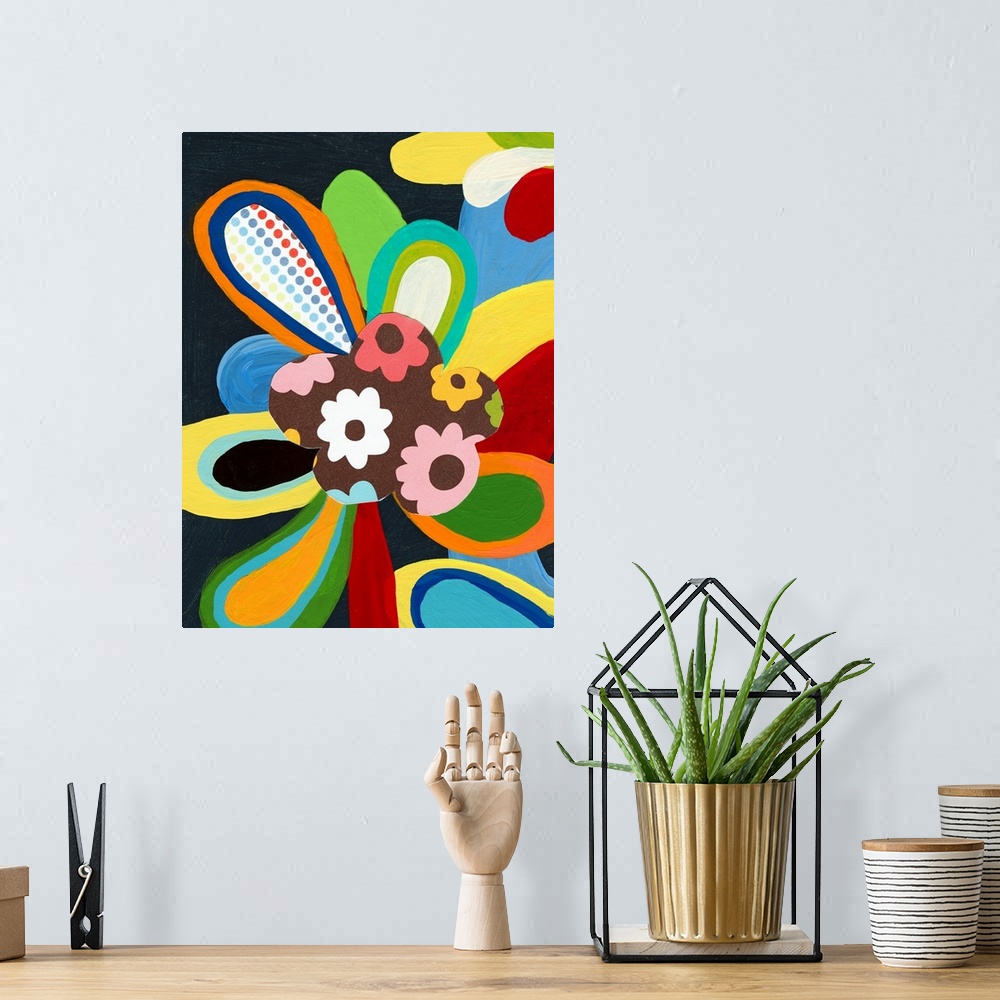 A bohemian room featuring Modern mixed media pop art that is retro inspired.  Multicolored petals of color against a dark b...