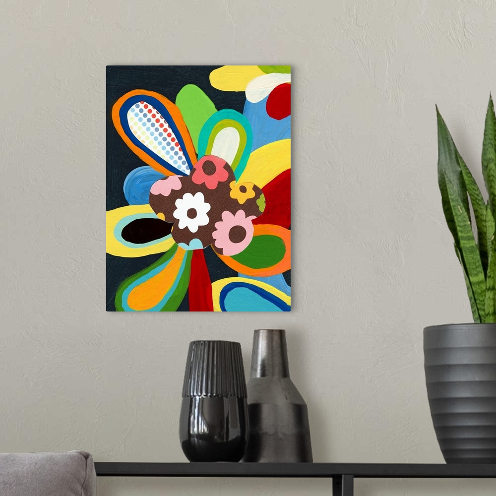 A modern room featuring Modern mixed media pop art that is retro inspired.  Multicolored petals of color against a dark b...