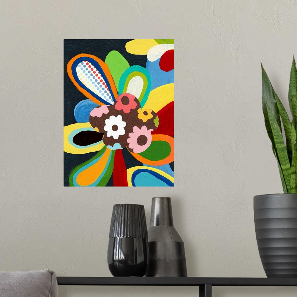 A modern room featuring Modern mixed media pop art that is retro inspired.  Multicolored petals of color against a dark b...