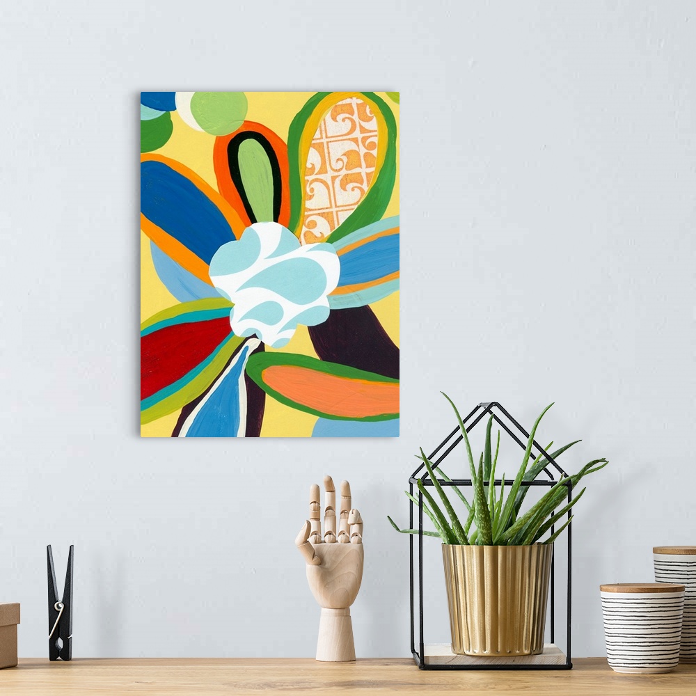 A bohemian room featuring Big canvas painting of a brightly colored flower with other flower petals poking into the frame l...