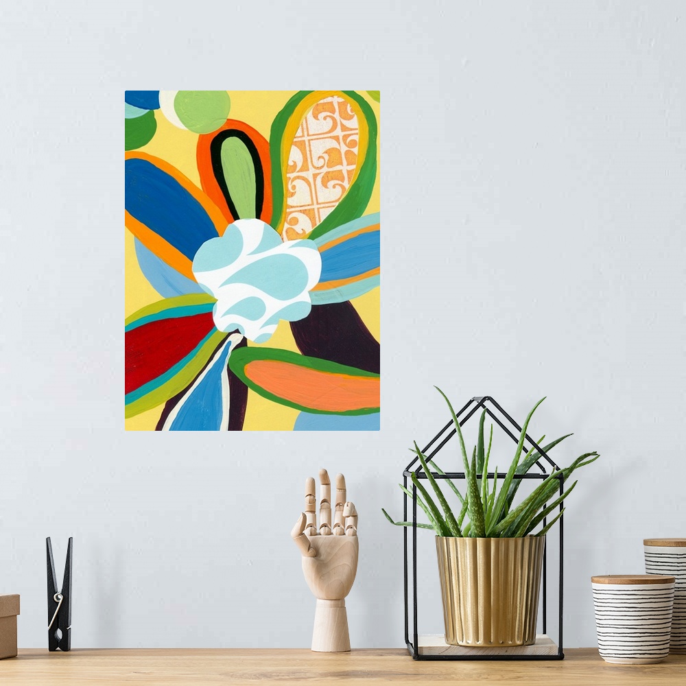 A bohemian room featuring Big canvas painting of a brightly colored flower with other flower petals poking into the frame l...