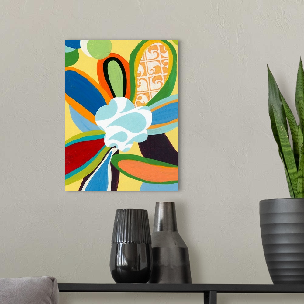 A modern room featuring Big canvas painting of a brightly colored flower with other flower petals poking into the frame l...
