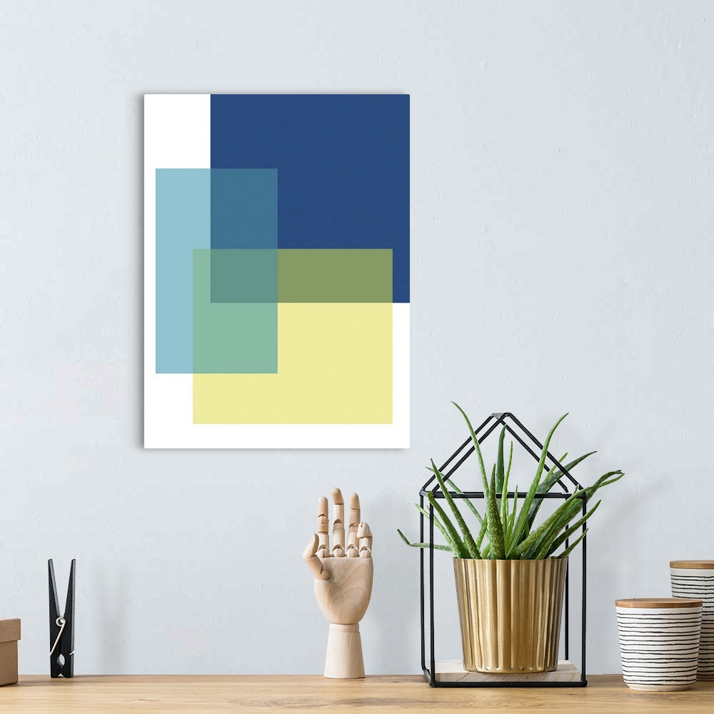 A bohemian room featuring Abstract geometric painting of rectangular overlapping shapes in blue and yellow on white.