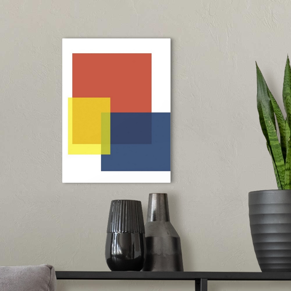 A modern room featuring Abstract geometric painting of rectangular overlapping shapes in blue, red, and yellow on white.