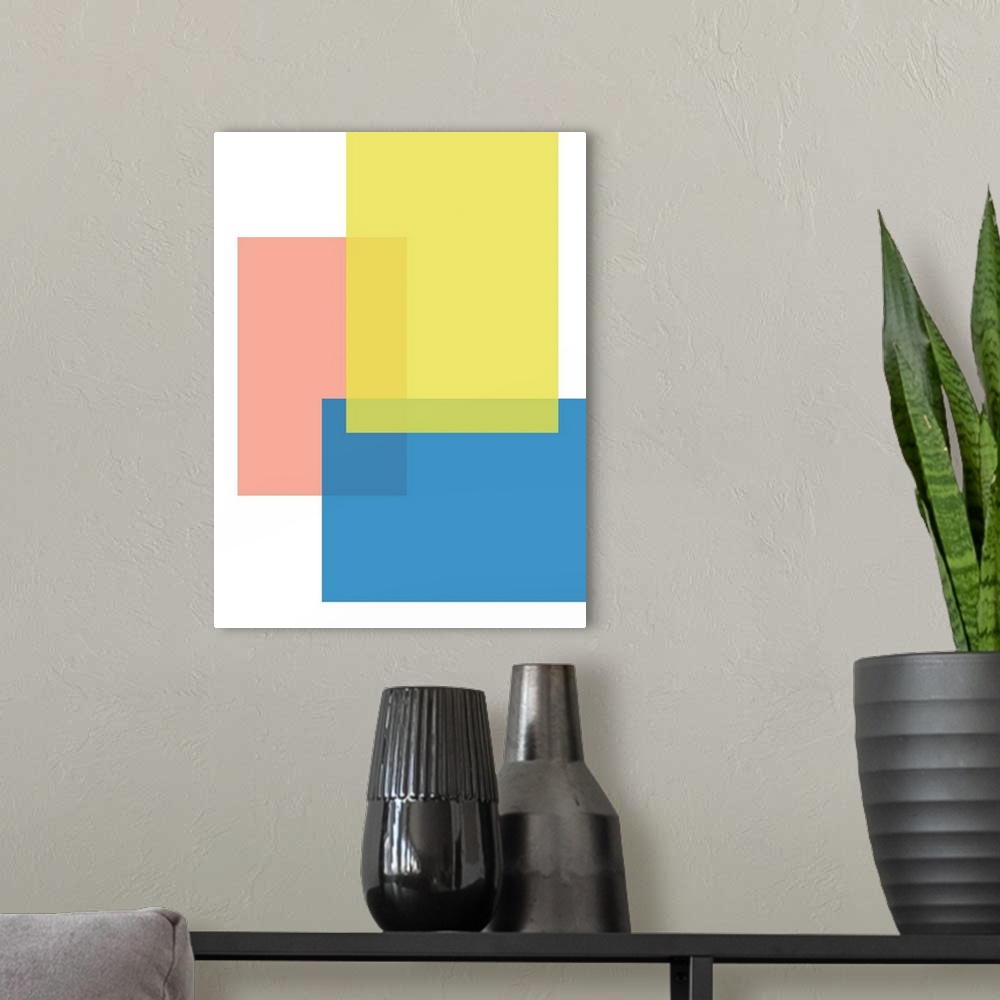 A modern room featuring Abstract geometric painting of rectangular overlapping shapes in blue, pink, and yellow on white.