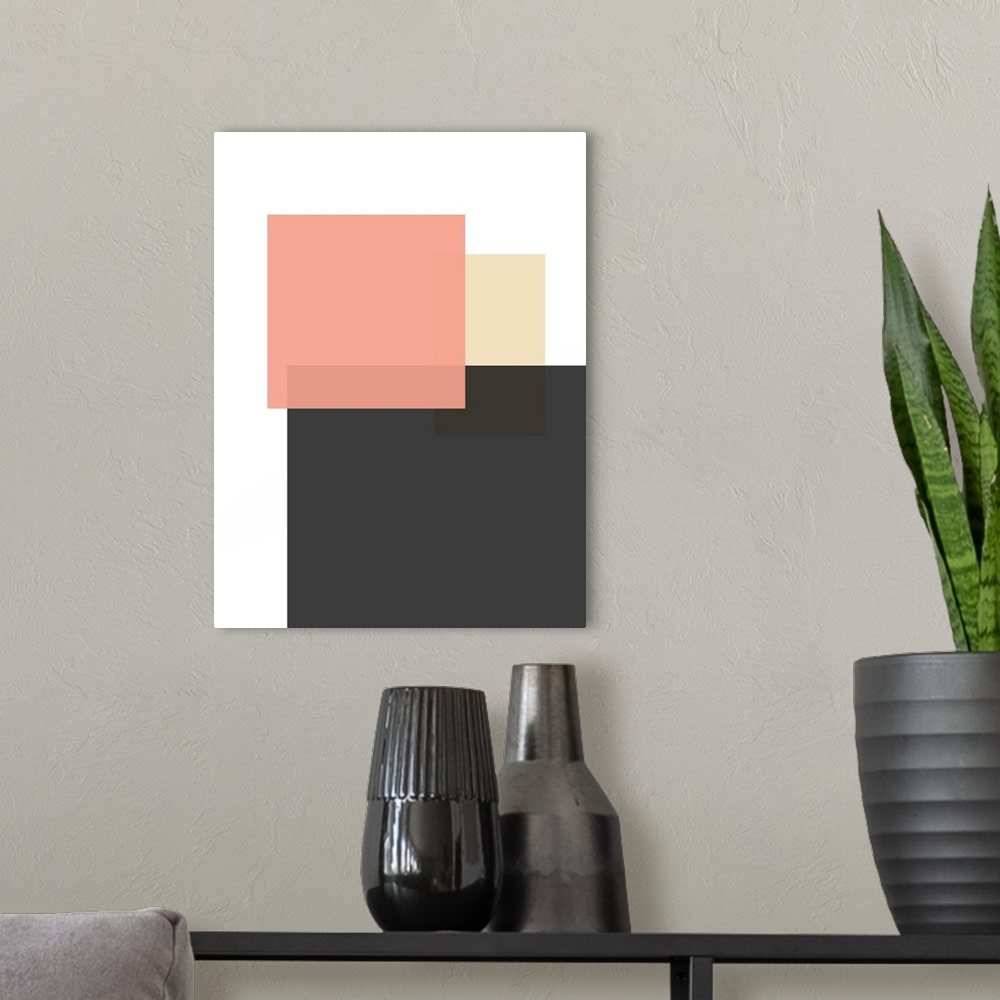 A modern room featuring Abstract geometric painting of rectangular overlapping shapes in pink and black on white.