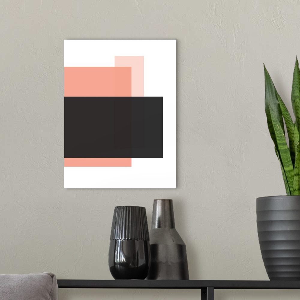 A modern room featuring Abstract geometric painting of rectangular overlapping shapes in pink and black on white.
