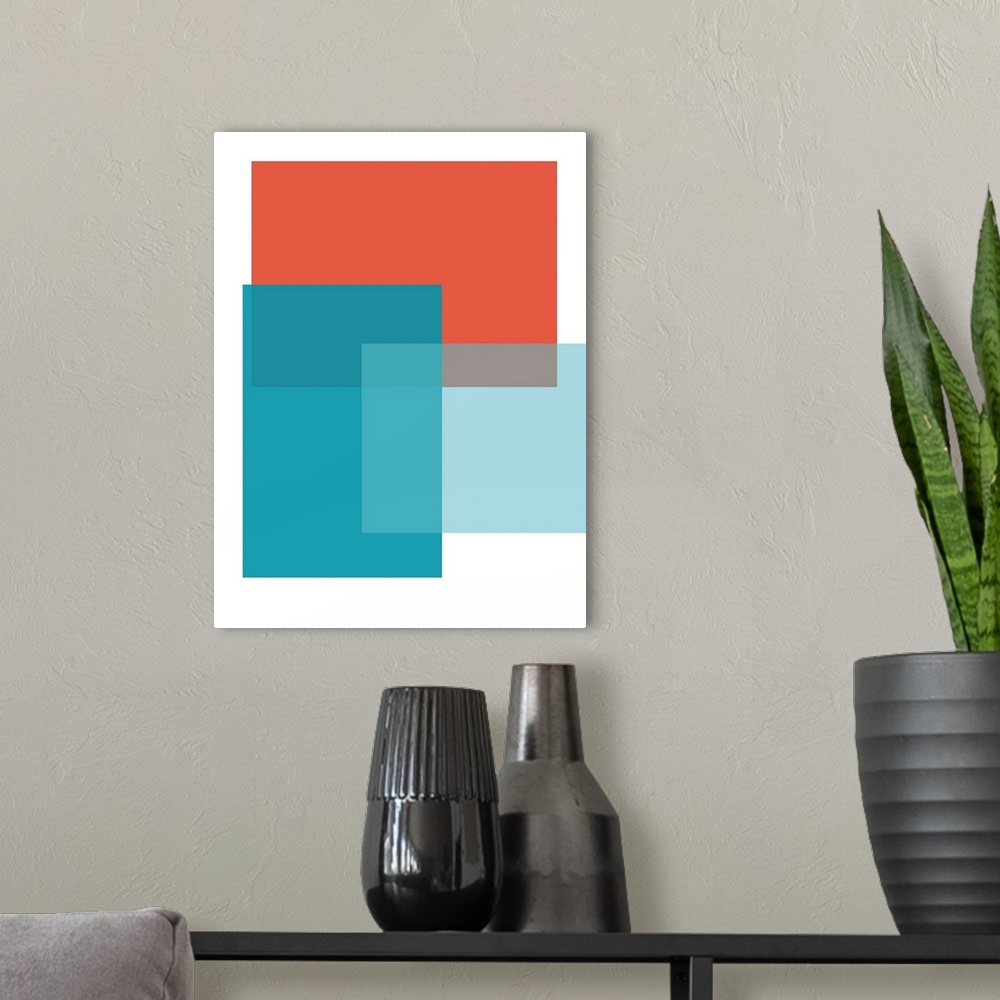 A modern room featuring Abstract geometric painting of rectangular overlapping shapes in blue and red on white.