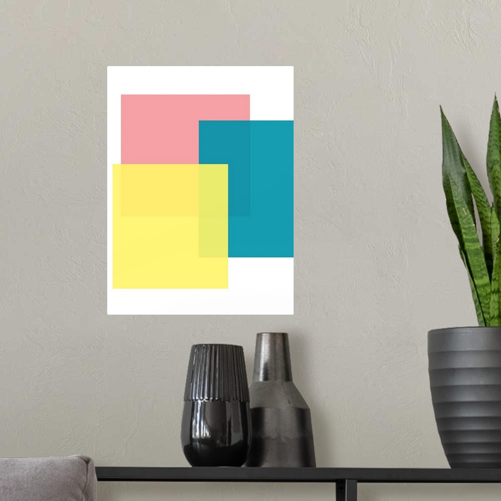 A modern room featuring Abstract geometric painting of rectangular overlapping shapes in blue, pink, and yellow on white.