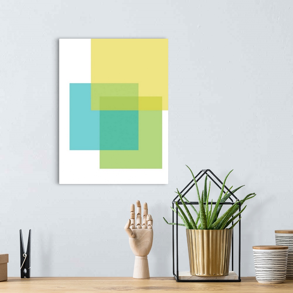 A bohemian room featuring Abstract geometric painting of rectangular overlapping shapes in blue, green, and yellow on white.