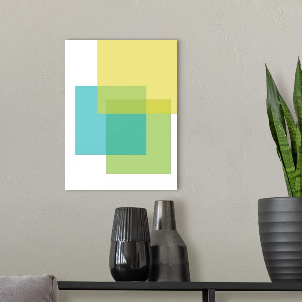 A modern room featuring Abstract geometric painting of rectangular overlapping shapes in blue, green, and yellow on white.