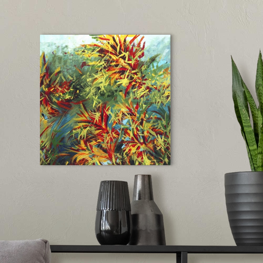 A modern room featuring a lakeview image inside a park. Painted on wood panel in acrylic