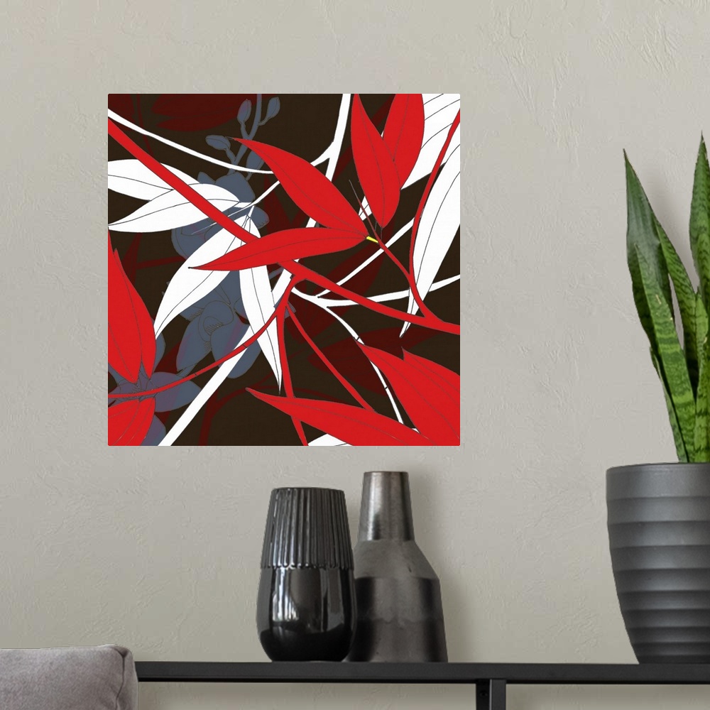 A modern room featuring Contemporary artwork of red bamboo with some different colored bamboo and plants drawn behind it.